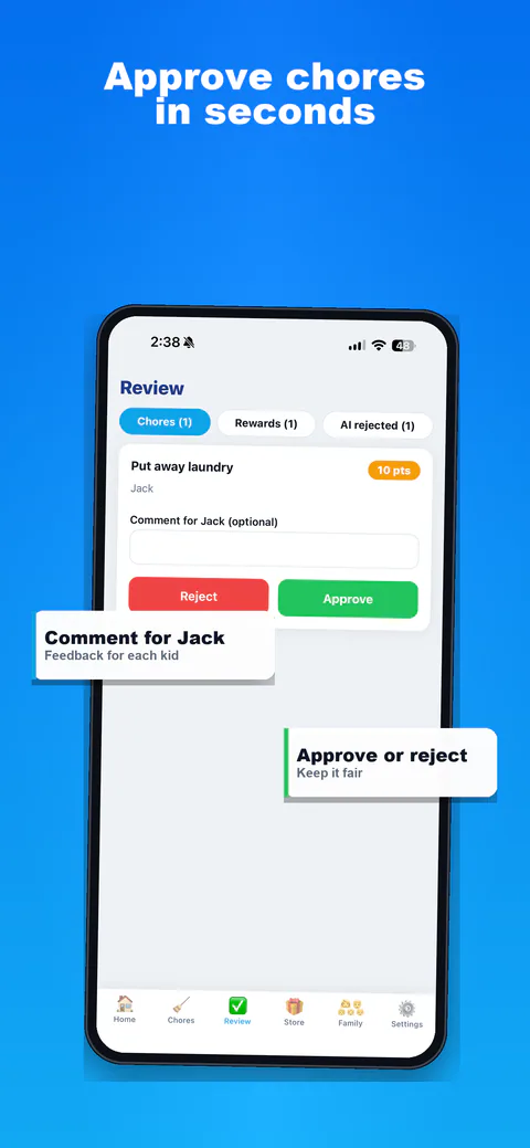 ChorePoints parent approval screen reviewing a completed chore