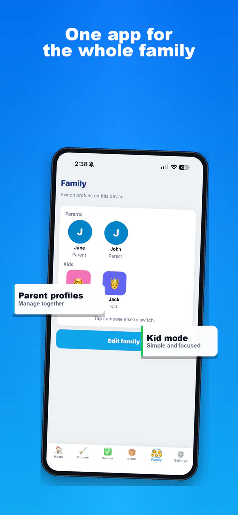 ChorePoints family chore chart app with parent and kid profiles
