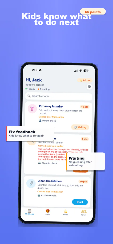 ChorePoints kid chore tracker showing today's tasks and point values