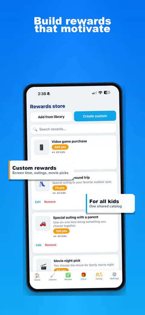 ChorePoints reward system showing rewards and point costs